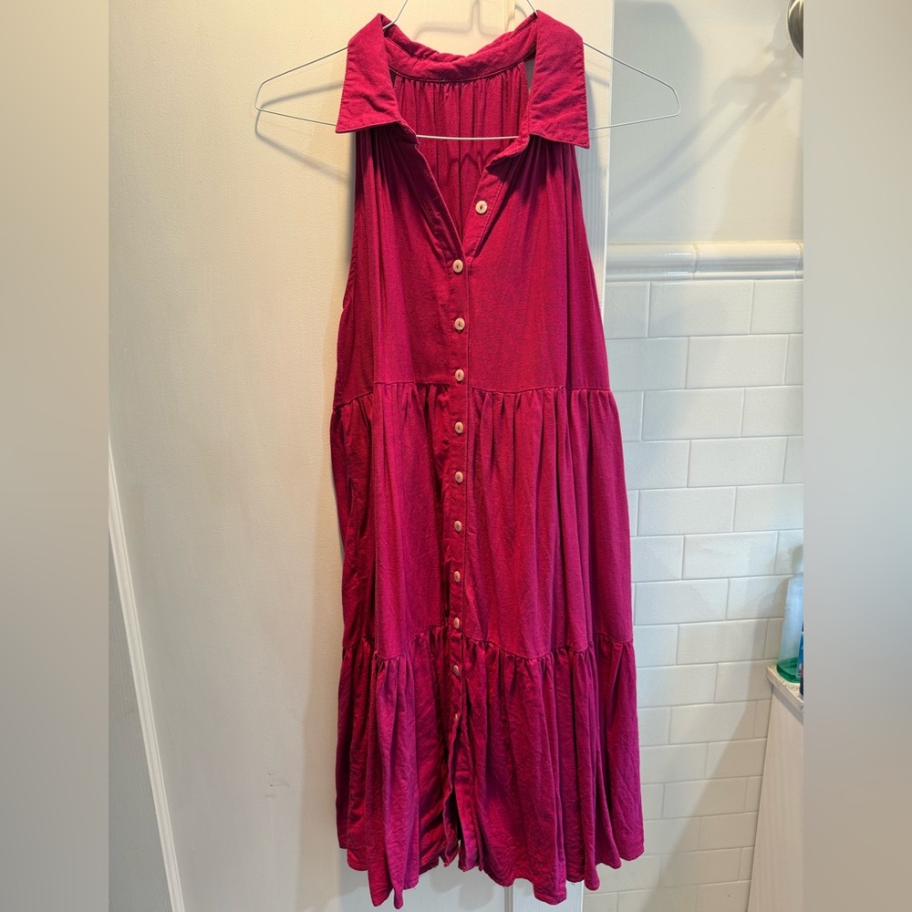 Nicole Miller- Sleeveless Button Front Flowy Dress, Pink, Size L EUC